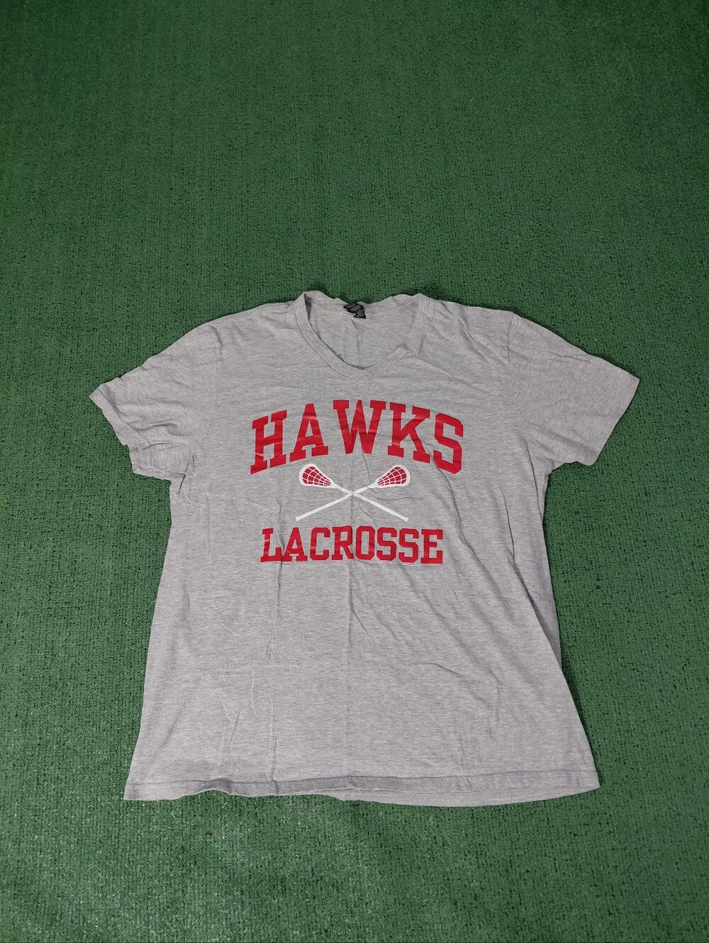 Hawks Lacrosse V-Neck Unisex Sports Gray T Shirt Sz XL (Fits Like L)